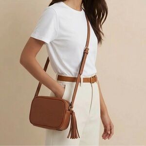 Classic Tan Leather Crossbody Bag with Tassel